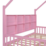 English Elm Wooden Full Size House Bed With Trundle,Kids Bed With Shelf,Pink