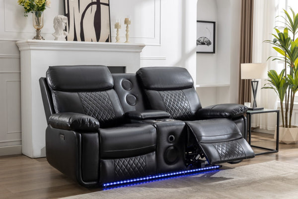 English Elm M046 Power Reclining Loveseat with Bluetooth Speakers Led Lighting Faux Leather Black W1805P308456