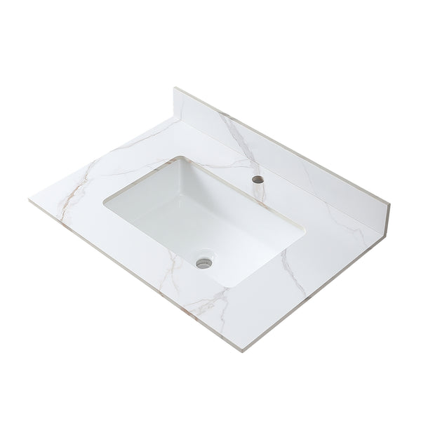 English Elm Montary 31-Inch Carrara Gold Stone Vanity Top With Undermount Sink, Faucet Hole & Backsplash W509107286