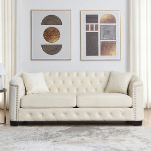 English Elm 77-inch Chesterfield Velvet Sofa Tufted Three Seat Nailhead Trim Living Room Couch Beige W834S00646