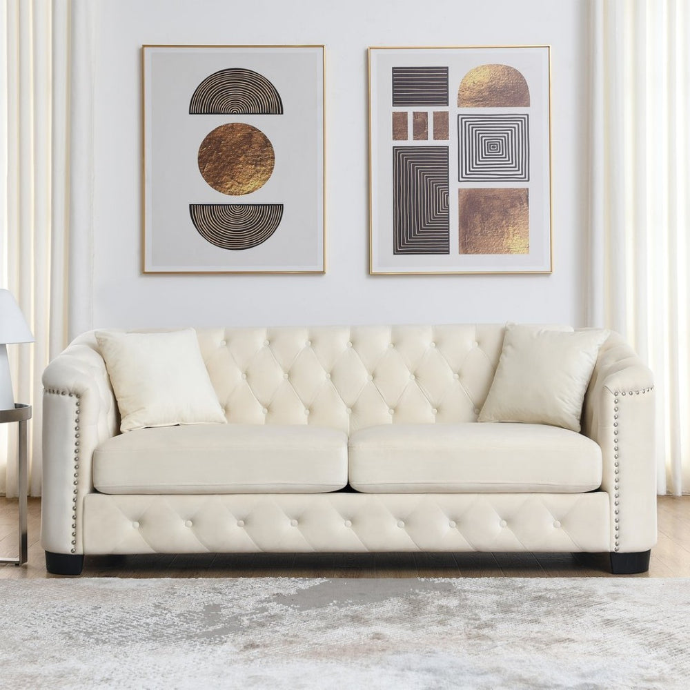 English Elm 77-inch Chesterfield Velvet Sofa Tufted Three Seater with Nailhead Arms for Living Room W834S00561