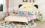 English Elm Full Size Wood Platform Bed With Bear-Shaped Headboard,Bed With Motion Activated Night Lights,Cream+Walnut