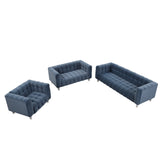 English Elm Modern 3-Piece Sofa Set With Solid Wood Legs, Buttoned Tufted Backrest, Dutch Fleece Upholstered Sofa Set Including Three-Seater Sofa, Double Seat and Living Room Furniture Set Single Chair, Blue