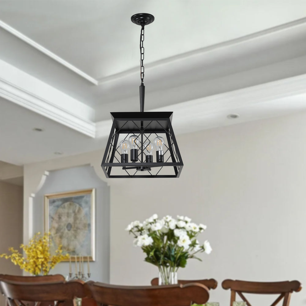 English Elm (Same As W1340111203/L1009) 16" Black Industrial Pendant Chandelier, 4-Light Metal Cage Design, Adjustable Style W1340P206636