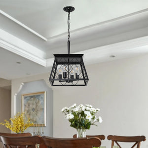 English Elm (Same As W1340111203/L1009) 16" Black Industrial Pendant Chandelier, 4-Light Metal Cage Design, Adjustable Style W1340P206636