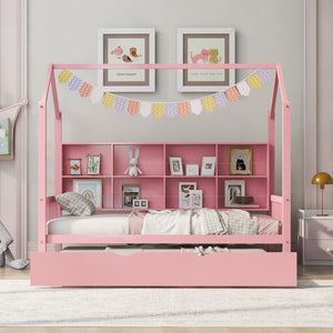 English Elm Wooden Twin Size House Bed With Trundle,Kids Bed With Shelf,Pink