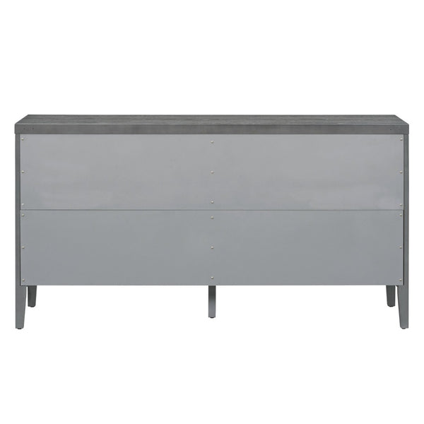 English Elm Trexm Vintage Four Door Sideboard Rubberwood Carved Panels Round Handles Dining Storage Gray WF307723AAE