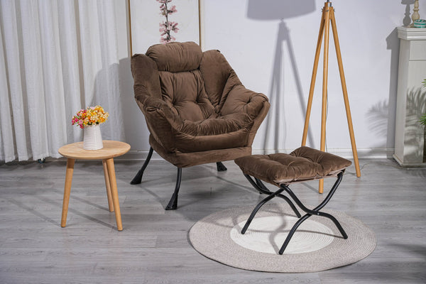 English Elm Living Room Cotton Lounge Chair with Ottoman Steel Frame Ergonomic Accent Seat Brown W1899121343