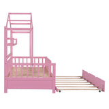 English Elm Wooden Twin Size House Bed With Trundle,Kids Bed With Shelf, Pink