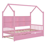 English Elm Wooden Twin Size House Bed With Trundle,Kids Bed With Shelf,Pink