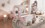 English Elm Twin Size Princess Carriage Bed With Crown ,Wood Platform Car Bed With Stair,White+Pink