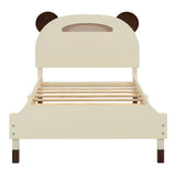 English Elm Twin Size Wood Platform Bed With Bear-Shaped Headboard,Bed With Motion Activated Night Lights,Cream+Walnut