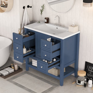 English Elm 36" Bathroom Vanity With Sink Combo, One Cabinet and Three Drawers, Solid Wood and Mdf Board, Blue