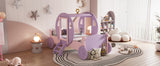 English Elm Twin Size Princess Carriage Bed With Crown,Wood Platform Car Bed With Stair,Purple+Pink