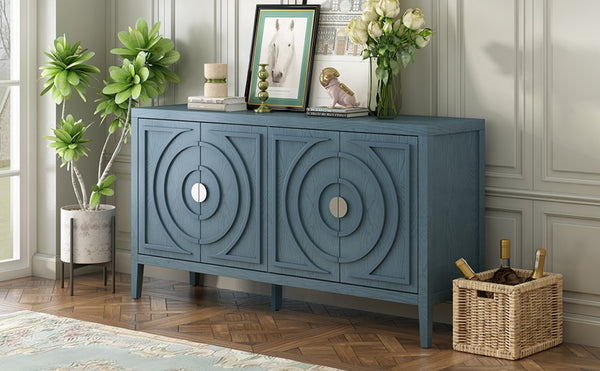 English Elm Trexm Vintage Four Door Sideboard Rubberwood Carved Panels Round Handles Dining Storage Antique Blue WF307723AAM