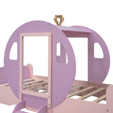 English Elm Twin Size Princess Carriage Bed With Crown,Wood Platform Car Bed With Stair,Purple+Pink