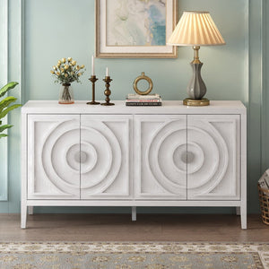 English Elm Trexm Vintage Four Door Sideboard Rubberwood Carved Panels Round Handles Dining Storage White WF307723AAK