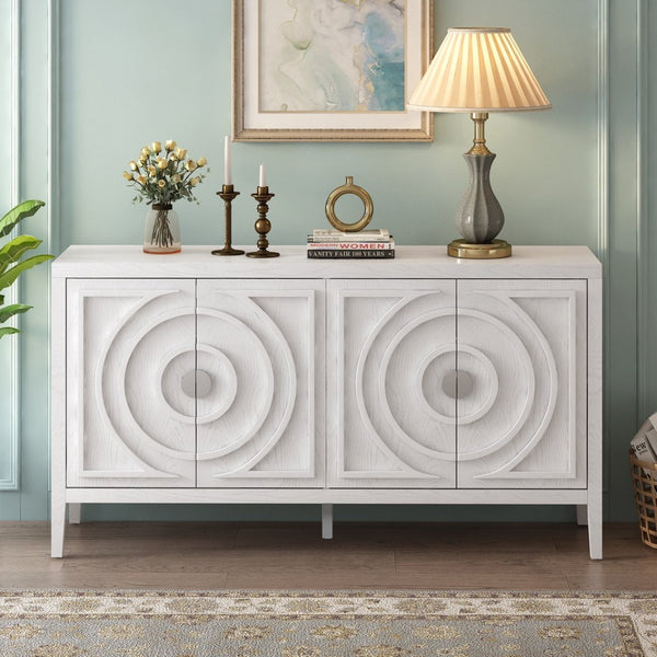 English Elm Trexm Vintage Four Door Sideboard Rubberwood Carved Panels Round Handles Dining Storage White WF307723AAK