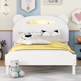 English Elm Twin Size Wood Platform Bed With Bear-Shaped Headboard,Bed With Motion Activated Night Lights,White