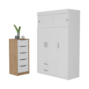 English Elm Cozad Two-Piece Bedroom Set with Armoire & Dresser in White & Light Oak — Sliding Doors, 7 Drawers, Slim Profile B062S00258