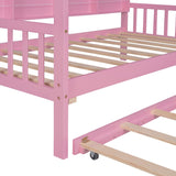 English Elm Wooden Twin Size House Bed With Trundle,Kids Bed With Shelf,Pink