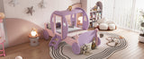 English Elm Twin Size Princess Carriage Bed With Crown,Wood Platform Car Bed With Stair,Purple+Pink