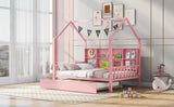 English Elm Wooden Full Size House Bed With Trundle,Kids Bed With Shelf,Pink