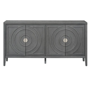 English Elm Trexm Vintage Four Door Sideboard Rubberwood Carved Panels Round Handles Dining Storage Gray WF307723AAE