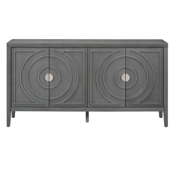 English Elm Trexm Vintage Four Door Sideboard Rubberwood Carved Panels Round Handles Dining Storage Gray WF307723AAE