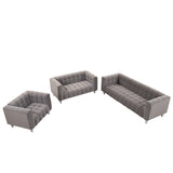 English Elm Modern 3-Piece Sofa Set With Solid Wood Legs, Buttoned Tufted Backrest, Dutch Fleece Upholstered Sofa Set Including Three-Seater Sofa, Double Seat and Living Room Furniture Set Single Chair, Gray