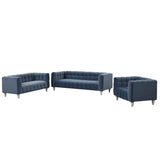 English Elm Modern 3-Piece Sofa Set With Solid Wood Legs, Buttoned Tufted Backrest, Dutch Fleece Upholstered Sofa Set Including Three-Seater Sofa, Double Seat and Living Room Furniture Set Single Chair, Blue