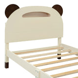 English Elm Twin Size Wood Platform Bed With Bear-Shaped Headboard,Bed With Motion Activated Night Lights,Cream+Walnut