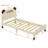 English Elm Twin Size Wood Platform Bed With Bear-Shaped Headboard,Bed With Motion Activated Night Lights,Cream+Walnut