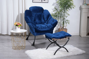 English Elm Living Room Cotton Lounge Chair with Ottoman Steel Frame Ergonomic Accent Seat Blue W1899121338