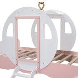 English Elm Twin Size Princess Carriage Bed With Crown ,Wood Platform Car Bed With Stair,White+Pink