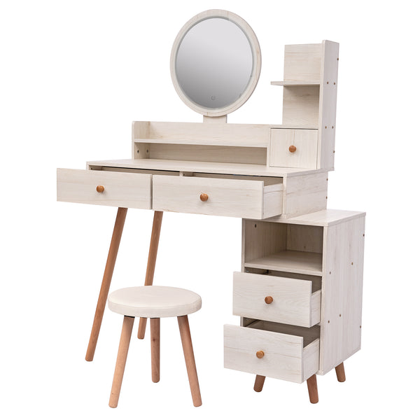 English Elm CRAZY Elegant Vanity Table Set with Cushioned Stool, Touch LED Mirror, 5 Drawers & Spacious Storage, Adjustable Length W936110479