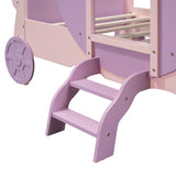 English Elm Twin Size Princess Carriage Bed With Crown,Wood Platform Car Bed With Stair,Purple+Pink