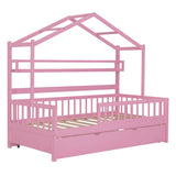 Hearth and Haven Wooden Twin Size House Bed with Trundle, Kids Bed with Shelf WF301682AAH