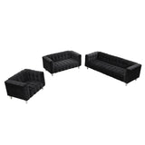 English Elm Modern 3-Piece Sofa Set With Solid Wood Legs, Buttoned Tufted Backrest, Dutch Fleece Upholstered Sofa Set Including Three-Seater Sofa, Double Seat and Living Room Furniture Set Single Chair, Black