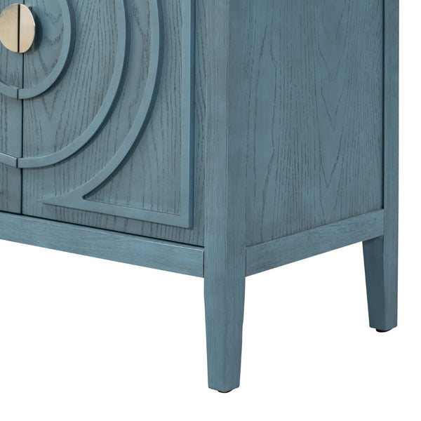 English Elm Trexm Vintage Four Door Sideboard Rubberwood Carved Panels Round Handles Dining Storage Antique Blue WF307723AAM
