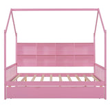 English Elm Wooden Full Size House Bed With Trundle,Kids Bed With Shelf,Pink