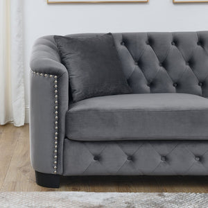 English Elm 77-inch Chesterfield Velvet Sofa Tufted Three Seat Nailhead Trim Living Room Couch Grey W834S00644