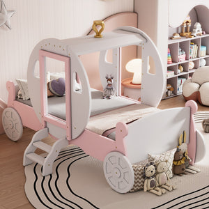 English Elm Twin Size Princess Carriage Bed With Crown ,Wood Platform Car Bed With Stair,White+Pink