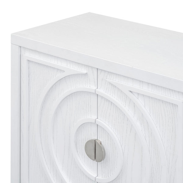 English Elm Trexm Vintage Four Door Sideboard Rubberwood Carved Panels Round Handles Dining Storage White WF307723AAK