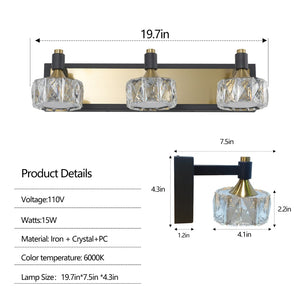 English Elm 20" Crystal Vanity Sconce 3-light Brass Matte Black Glam Wall Fixture for Bath W1340110603
