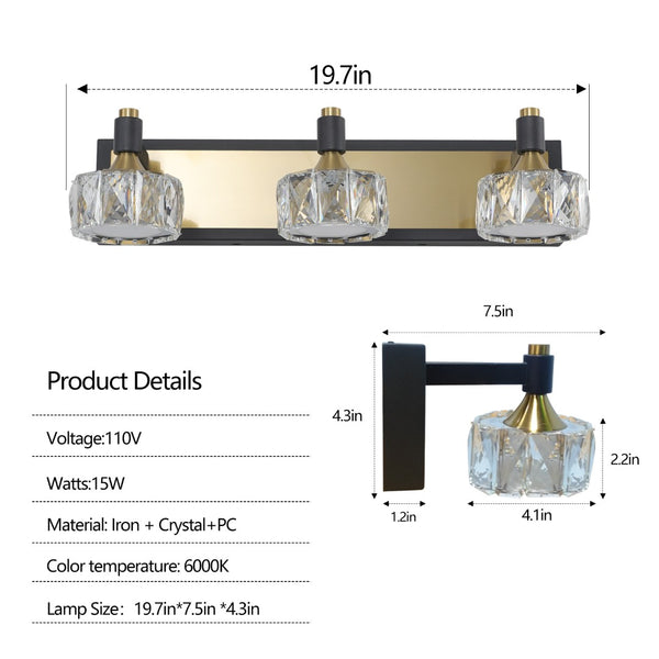 English Elm 20" Crystal Vanity Sconce 3-light Brass Matte Black Glam Wall Fixture for Bath W1340110603