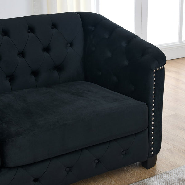 English Elm 77-Inch Modern Chesterfield Velvet Sofa with Tufted Back, Nailhead Arms, Plush Cushions, Durable Frame Black W834S00522