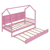 English Elm Wooden Twin Size House Bed With Trundle,Kids Bed With Shelf,Pink