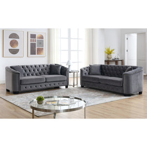 English Elm 3-Seater Velvet Grey Sofa Set - Elegant Design, Plush Comfort With Two Pillows For Living Spaces W834S00224
