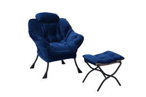 English Elm Living Room Cotton Lounge Chair with Ottoman Steel Frame Ergonomic Accent Seat Blue W1899121338